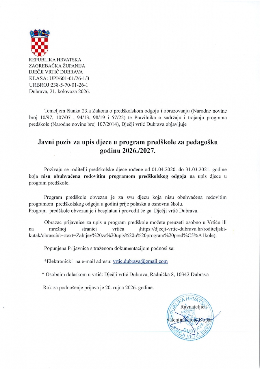 Javni poziv za upis djece u program pred&scaron;kole za pedago&scaron;ku godinu 2026./2027.